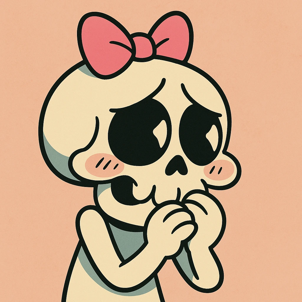 a shy skull with a pink bow, cartoon style, bold lines, vibrant colors, playful and expressive emoji