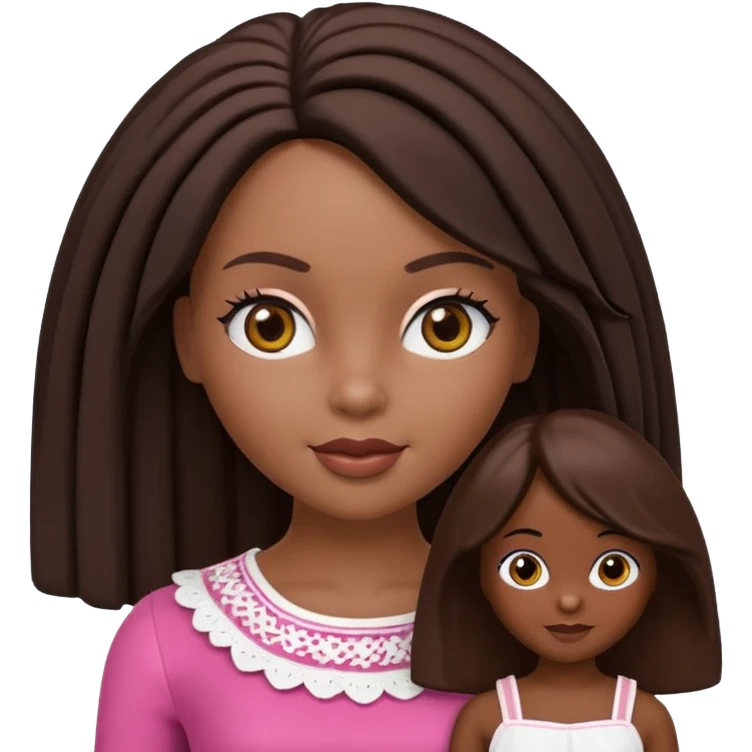 Boneca digital em estilo 3D realista e fofo, semelhante a uma boneca colecionável. Mulher jovem com pele negra, olhos castanhos escuros, cabelo liso cor chocolate, longo e bem alinhado.  emoji