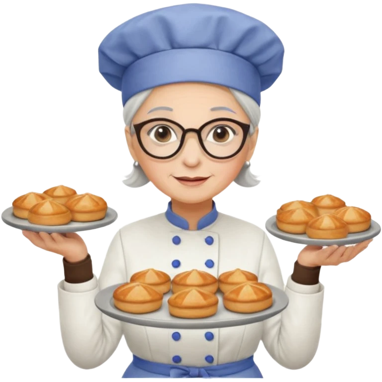 Older female pastry chef – round glasses, oven mitts on, holding a tray of pastries.

 emoji