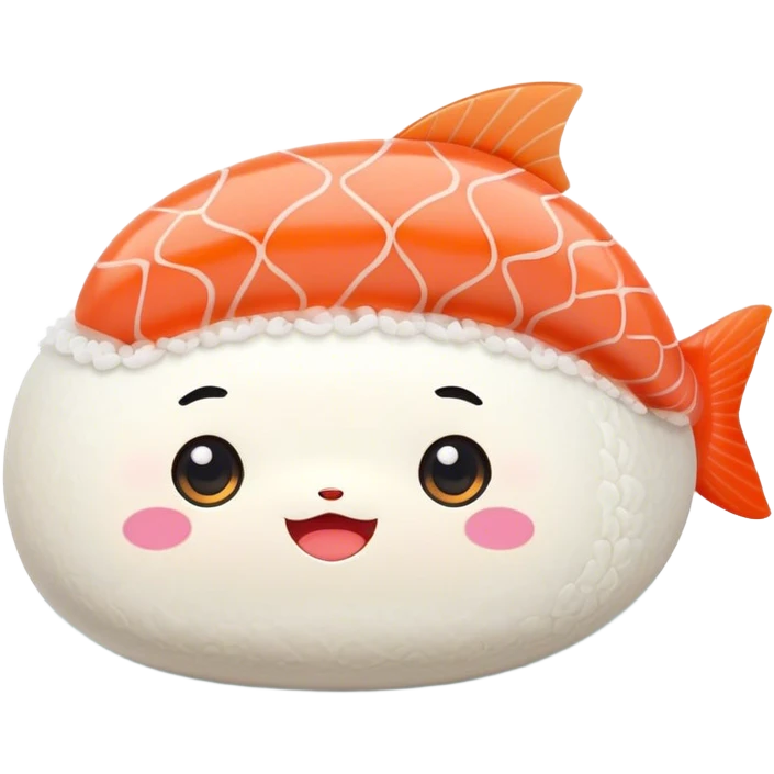 Cute Kawaii Nigiri Sushi, plump and happy, a soft white rice pillow topped with bright orange salmon, tiny blushing cheeks, big round eyes, a joyful floating expression! emoji