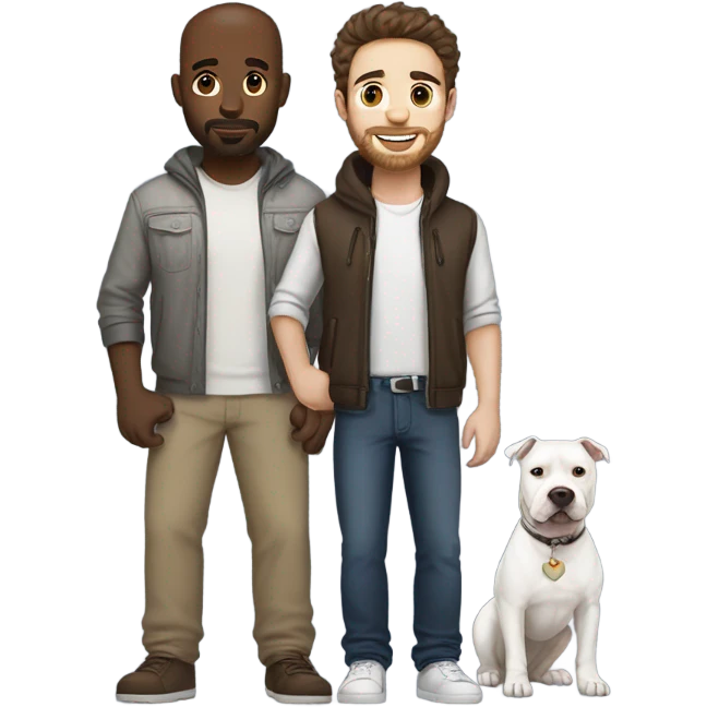 white male with dark brown hair and a lightly scruffy beard shadow standing alongside a white pitbull emoji