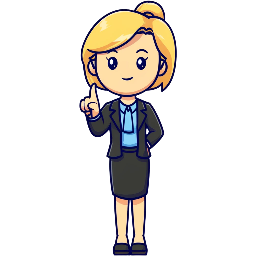 angry blonde female teacher full body without glasses, pointing finger emoji