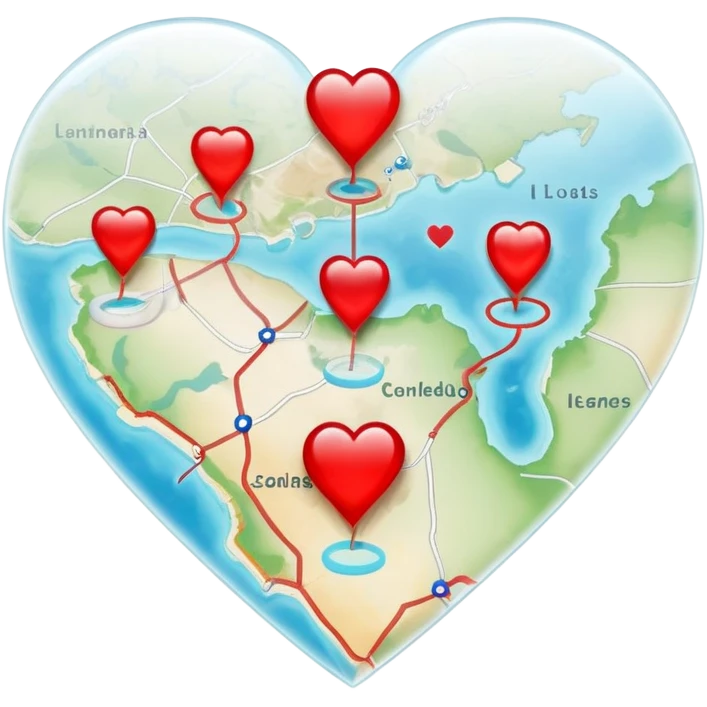Translucent ethereal map with actual cartographic details, red heart markers for relationships and different colored pins for various emotional experiences emoji
