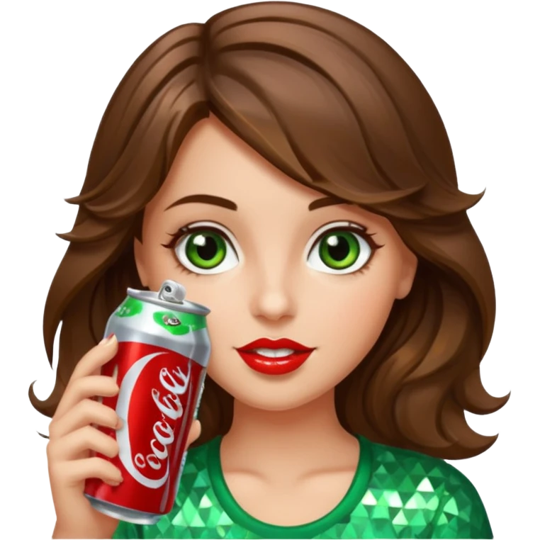 Girl with brown wavy hair green-brown eyes drinking a bedazzled Diet Coke  emoji