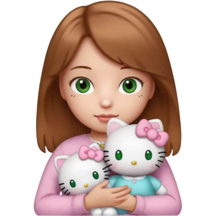Girl with natural green eyes and light brown hair and she have a hello kitty doll with her hand emoji