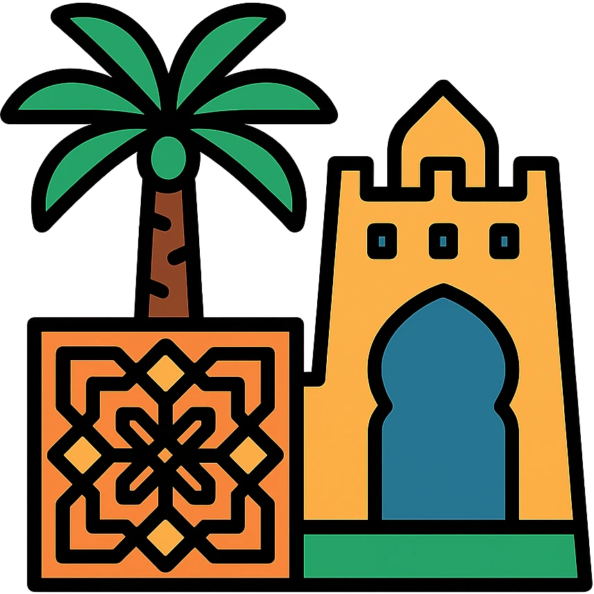 icon representing Saudi culture with palm trees, traditional architecture, and Arabic patterns, clean modern style emoji