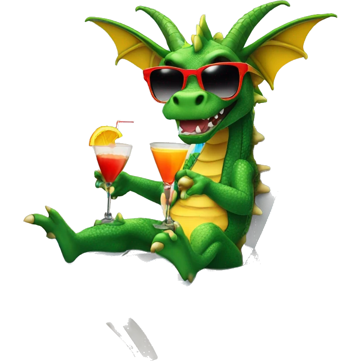 a dragon in sunglasses drinks a cocktail on the beach while sitting in a sun lounger emoji