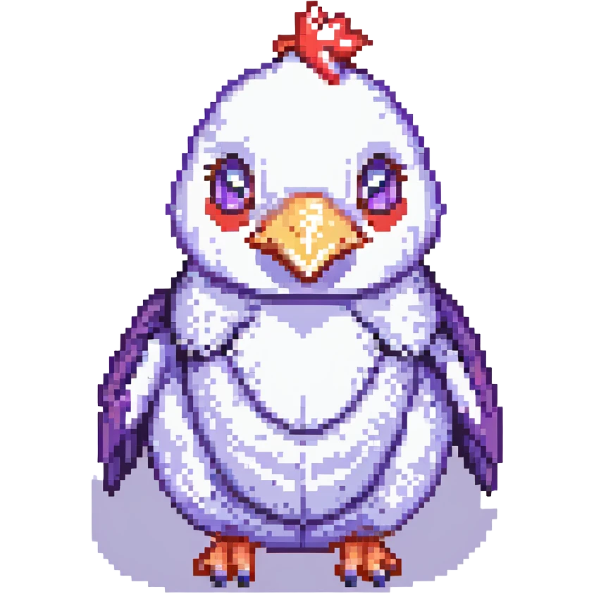 a chicken-pig-penguin hybrid with red teeth and a purple nose, pixel art style emoji