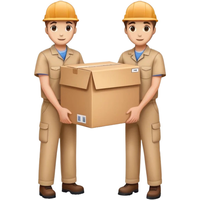 two suppliers standing together holding a big box, both wearing caps and work uniforms emoji