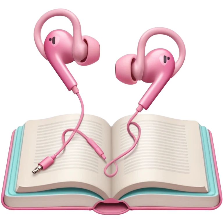  pink Pink Apple-style earbuds lying on an open book, soft pastel tones, cozy and minimal aesthetic, realistic lighting and shadows, top-down view, transparent background" emoji