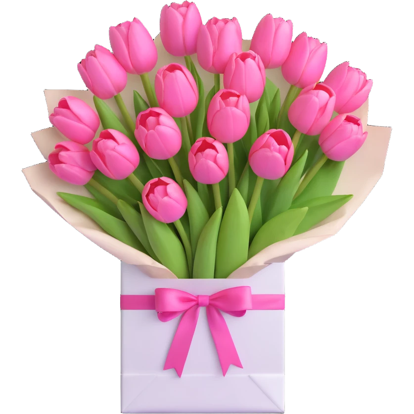 a bouquet of pink tulips in a white paper bag tied with a pink ribbon, pastel colors, soft shadows, clean and minimalistic design, 3D iOS emoji style emoji