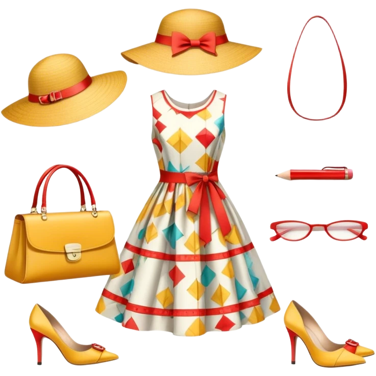 Icon for Fashion Design: a pattern of a bright, beautiful dress with measurements, a ruler, and pencil, along with a hat, shoes, and a handbag. The icon should represent fashion design with attention to detail and style. Transparent background. emoji