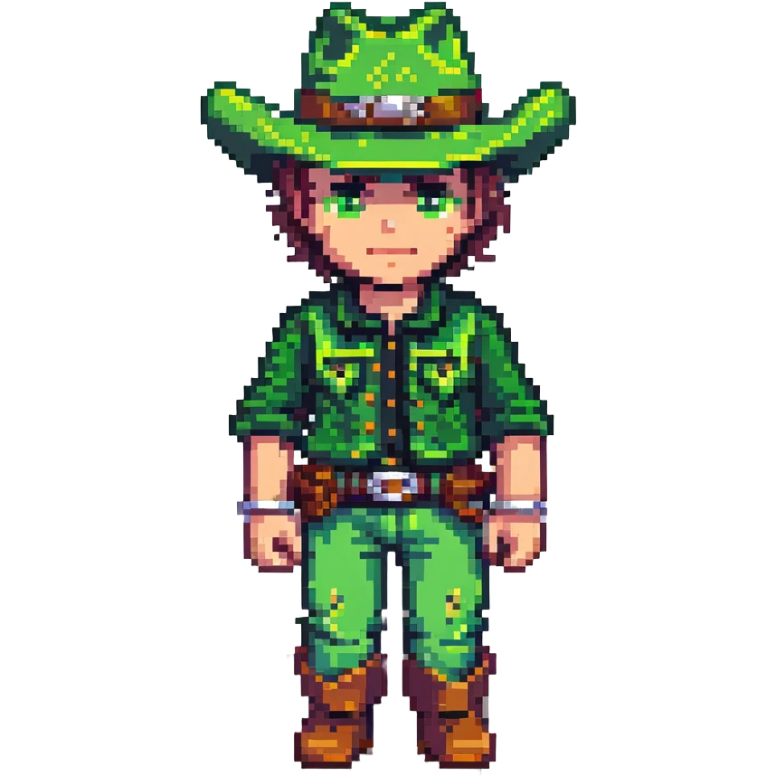 Pixel art of a cowboy character with green outfit and hat emoji