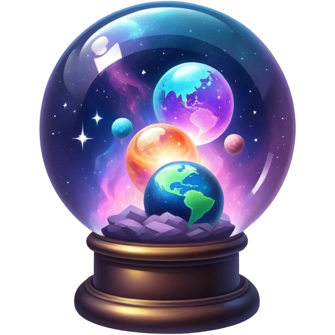 Tiny mystical mysterious sparkly magical glowing spherical nebula planets inside a glass globe dome emoji