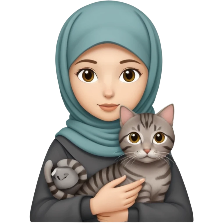 White girl wearing hijab holding a black grey tabby cat emoji