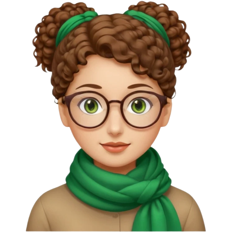 iranian woman, tight curly light brown hair in one high pony tail, glasses, green eyes, pretty, oval shape face, no hajib, scarf on neck emoji