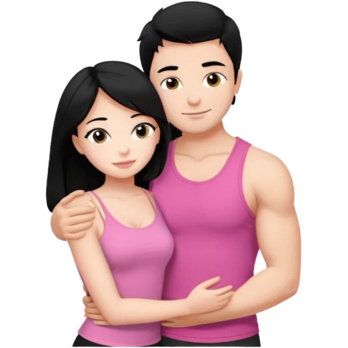 a pretty bratz fair girl. black hair, wearing a pink cami top, she is hugging a handsome fair guy with black hair. lean but muscular. is wearing a black tshirt emoji