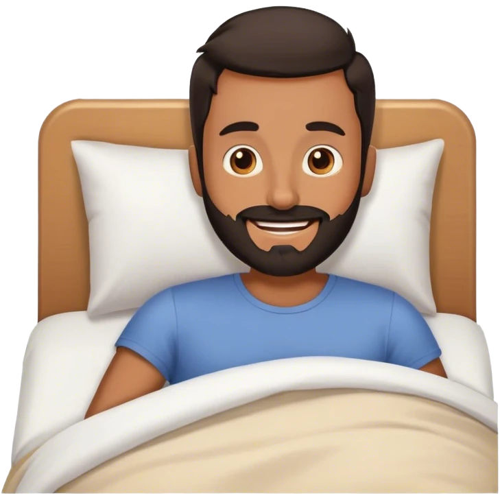 Tan guy with black beard waking up out of bed happy  emoji