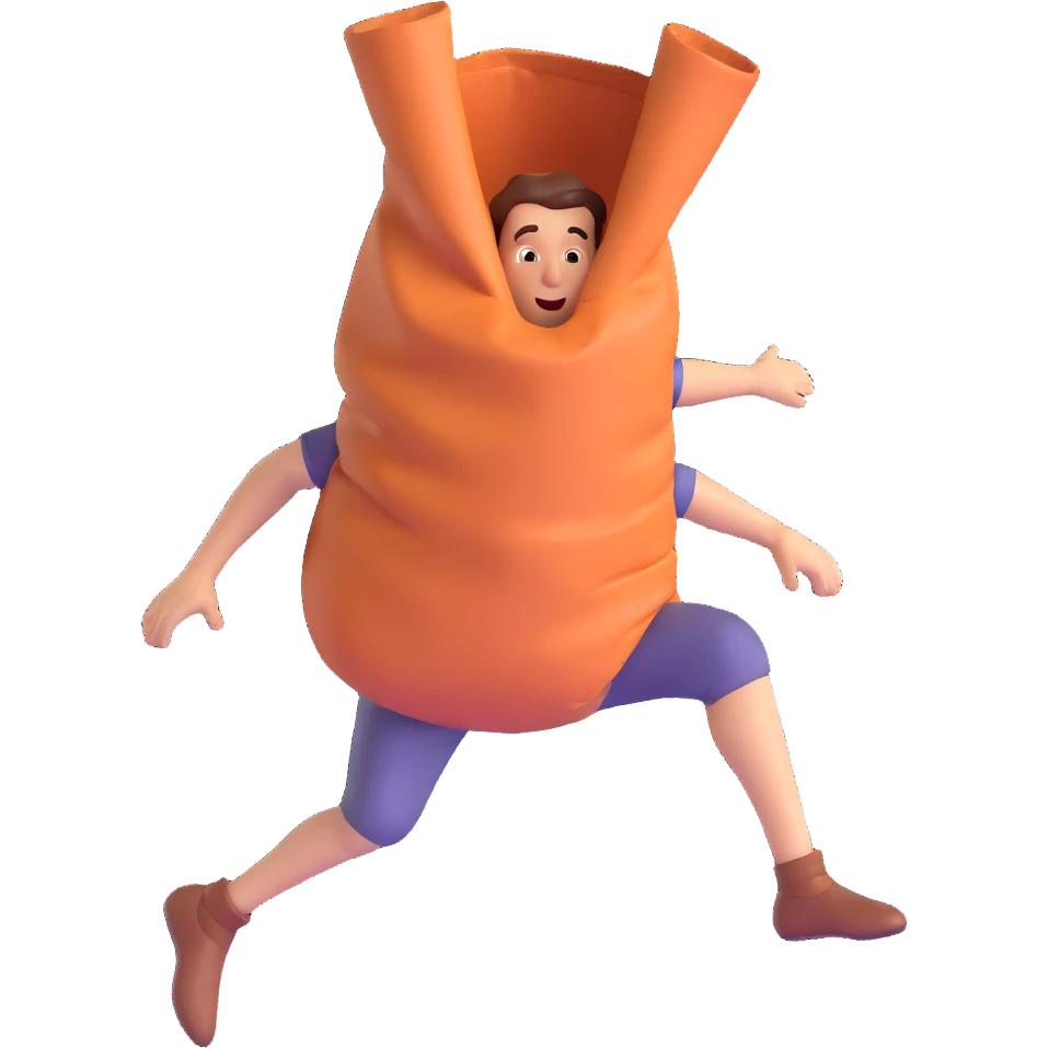 a man with both legs inside of a sack up to the waist, jumping, simplified, minimal details, 3D style emoji