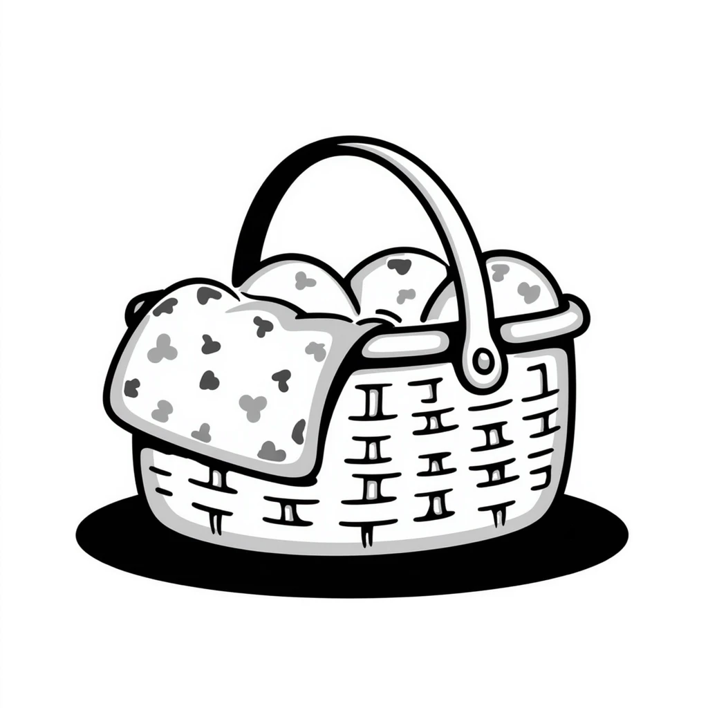 A wicker picnic basket with handle and some picnic items peeking out in pastel colors (dd9fb0, ffc6d3, a3bfc9, c4bee2, f1b091), hand-drawn doodle style emoji