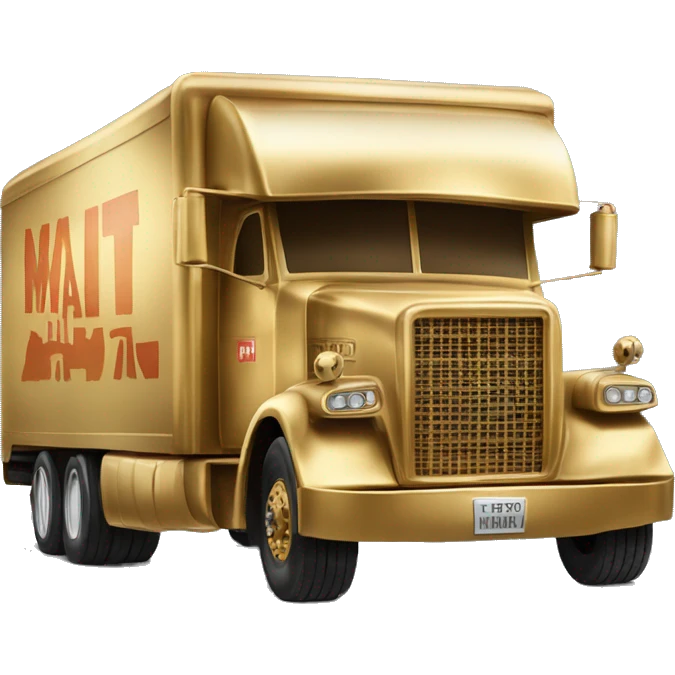 Side view of 1976 very very long 40 foot long mail delivery truck shaped like Princess Leia in gold outfit shaped truck emoji