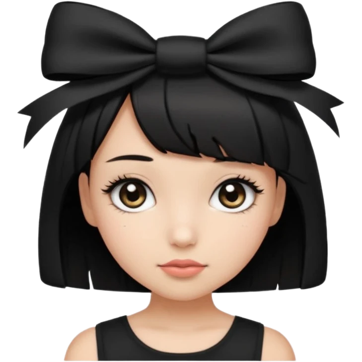 Girl with black cute bob cut with a black top and a bow on her head with long lashes emoji