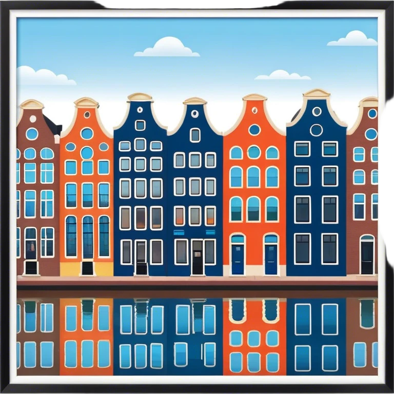 Cinematic Realistic Amsterdam Canal Houses Landmark Emoji, featuring narrow, gabled facades in vibrant colors reflecting on the calm canal waters. emoji