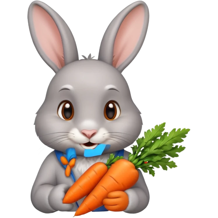 Gray rabbit holding carrot, cute smile, half body emoji