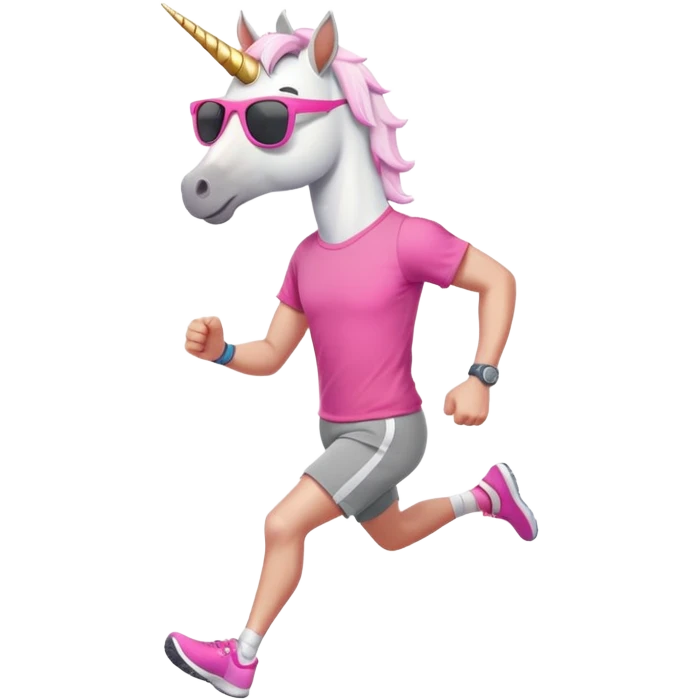 friendly anthropomorphised male white unicorn in grey shorts and pink t-shirt, wearing dark sunglasses, jogging upright in a standard pose emoji