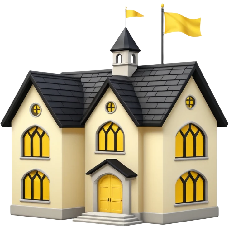 simple magic school, low detail, white background, magic school, black roof, with a big flag, big flag on a roof, big yellow flag, white school emoji