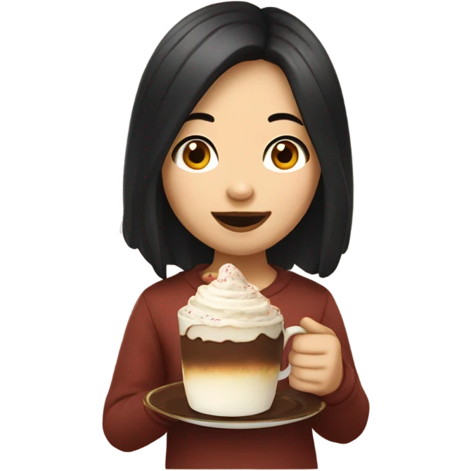 An Asian girl with black slightly wavy hair with no bangs enjoying a piece of victoria cake with a cup of hot chocolate emoji
