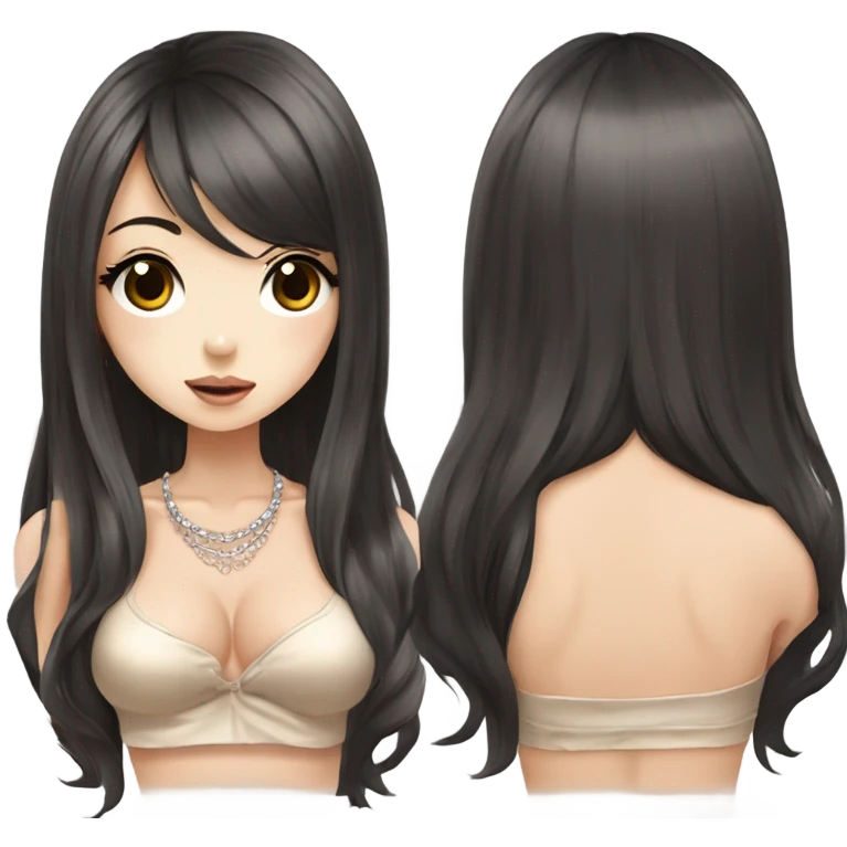 hime gyaru girl with LONG SILKY BLACK HAIR, with beige satin halter top with chest, very pale skin and pretty brown monolid eyes emoji