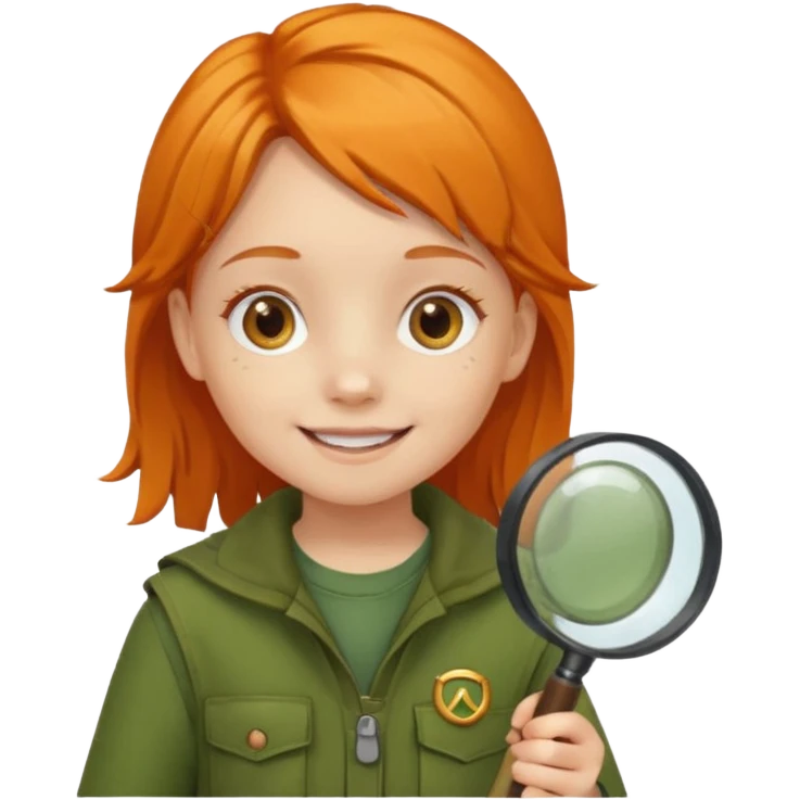 braid orange haired girl kid in moss green explorer outfit, holding magnifying glass, smile emoji