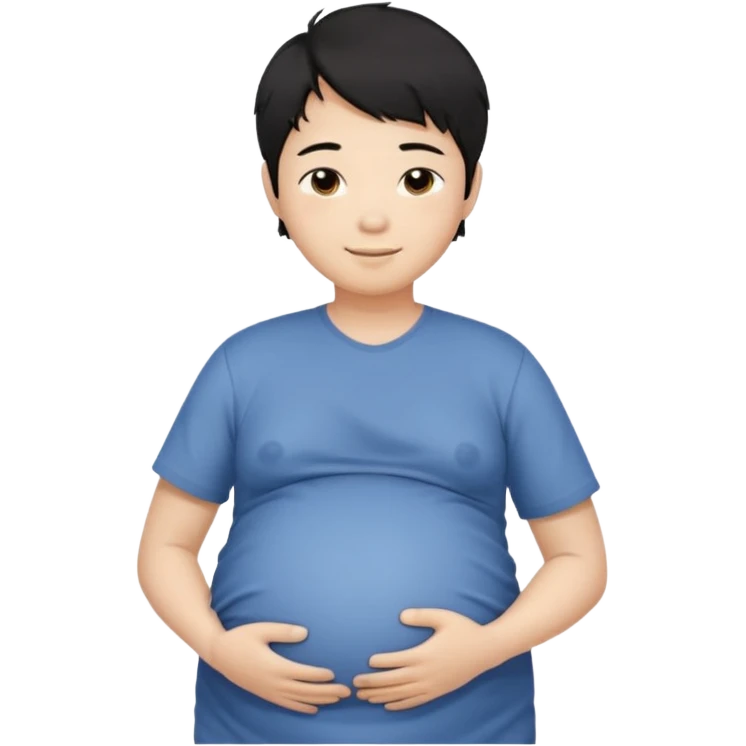 pregnant asian boy with short messy black hair holding his belly embracing his pregnancy emoji