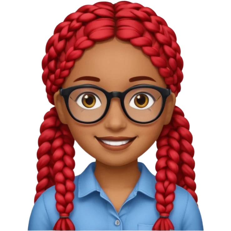 Brown skin Hispanic girl with big brown eyes and black eye glasses, with red braids emoji
