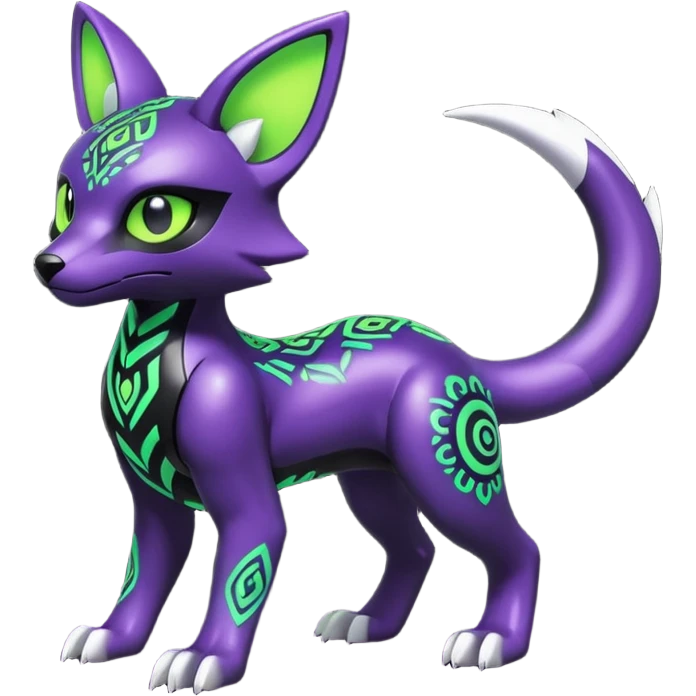 Futuristic modern badass cool shiny metallic alloy black-obsidian purple neon-green white lime animal hybrid Fakemon full body with intricate patterns emoji
