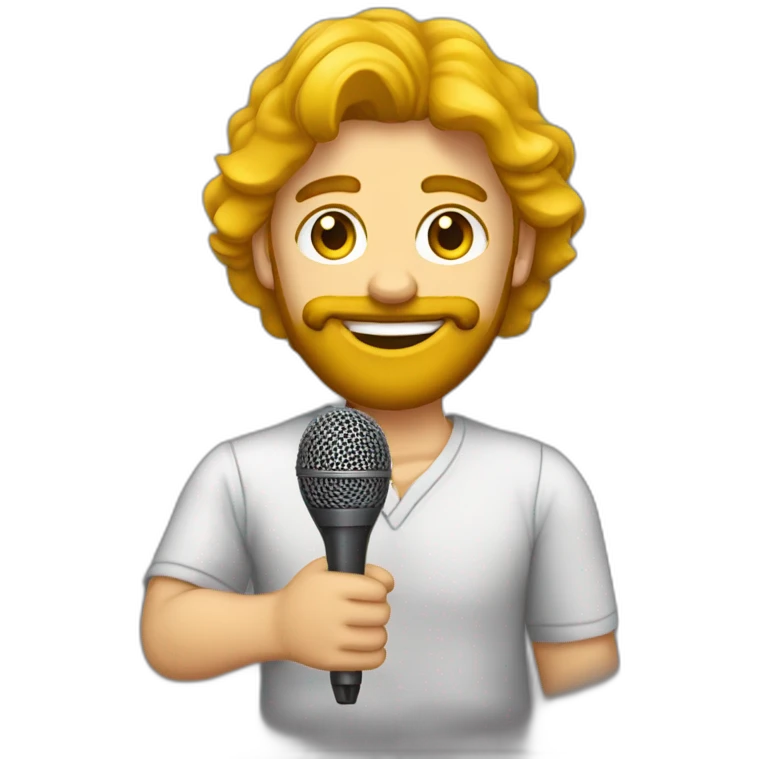 Presentador de espectáculo joven con barba y el pelo amarillo con el micrófono en la mano emoji