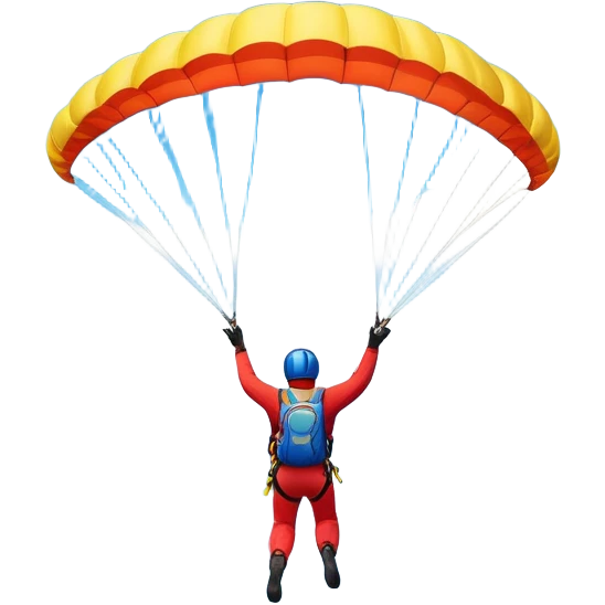 A base jumper soaring through the sky, with a brightly colored parachute open. The backdrop features breathtaking mountain peaks, lush valleys, and a vast blue sky dotted with clouds. The scene captures the thrill and freedom of jumping from great heights into the open air. emoji