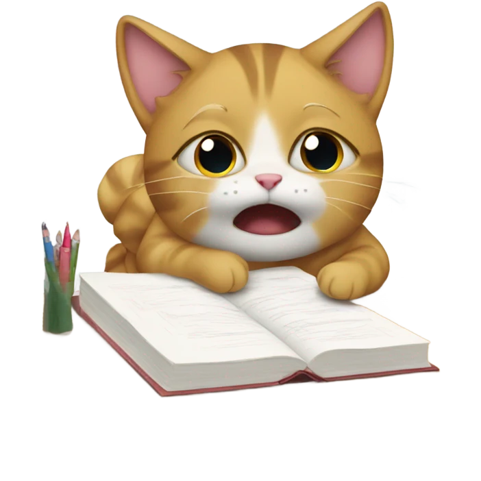 Cute cat doing a homework and crying emoji