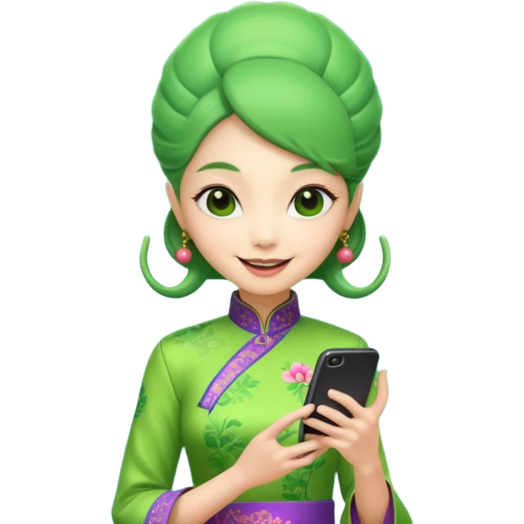 alien with chinese custome dress and smartphone emoji