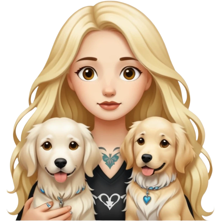 a  white girl with long hair with tattoo with 2 white golden retriever  emoji
