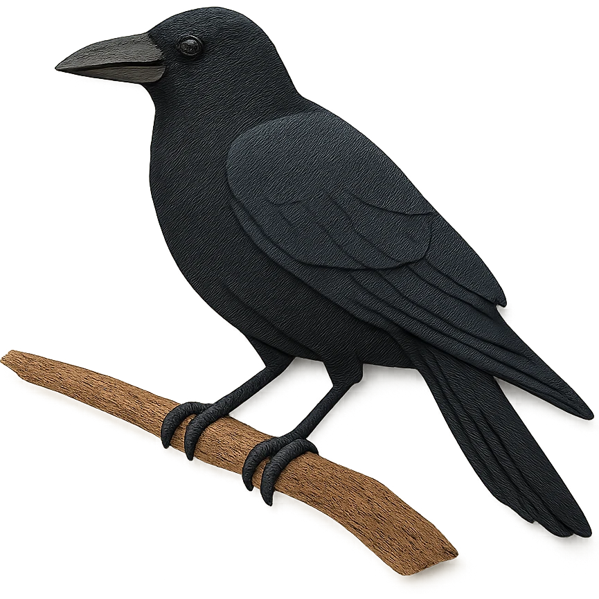 American Crow sitting on a branch, delicate paper layers, naturalistic pose, subtle blue-black highlights emoji