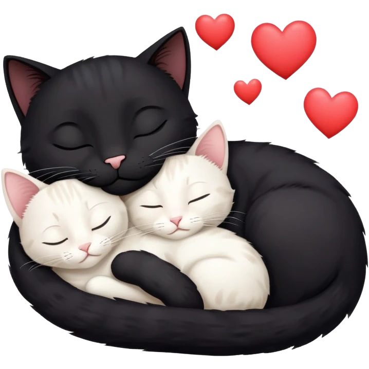 Big black cat is sleeping with a small white cat with hearts above emoji