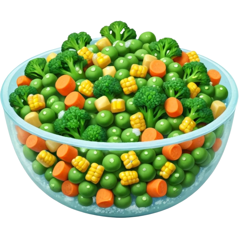 A close-up of a bowl filled with frozen mixed vegetables — peas, carrots, corn, and broccoli — covered with a light layer of frost. The colors are bright but slightly muted from freezing. Natural lighting, high-detail macro food photo. emoji