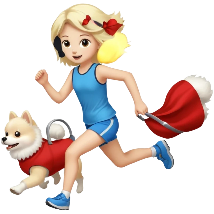 Blond Girl run with white pomeranian  emoji