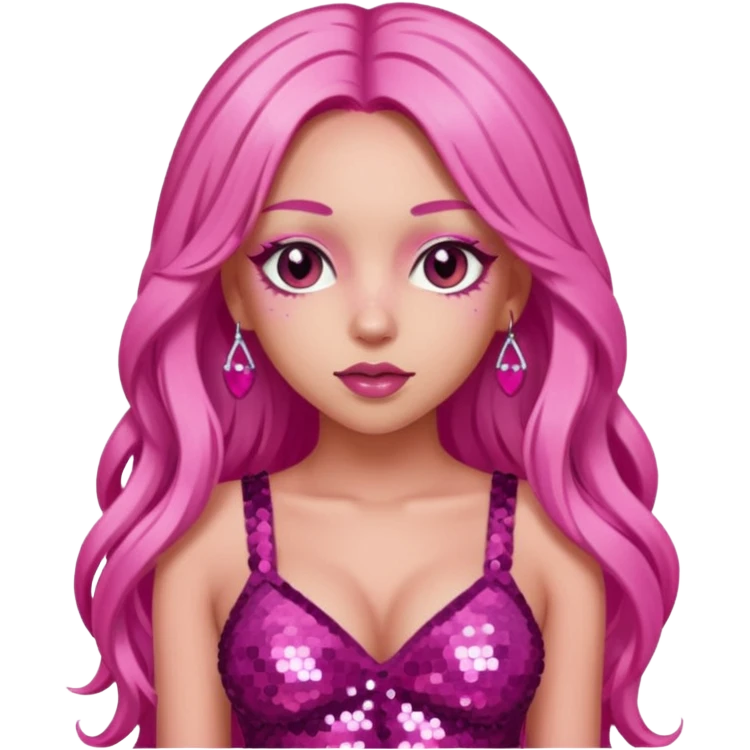 Doja Cat with long pink hair, dark pink sequin outfit emoji