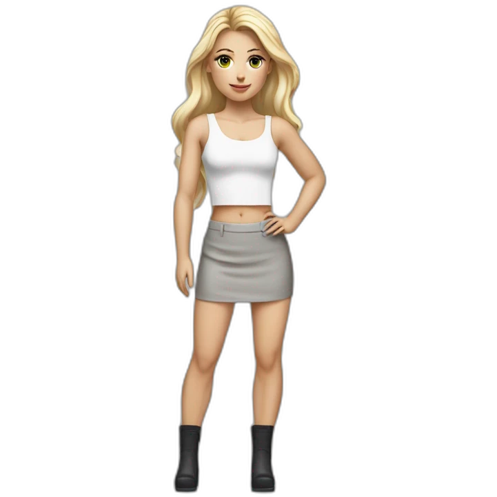 hyperrealist caucasian female with long blonde hair brown eyes white strap low cut tank top gray tight mini skirt black high heeled shoes emoji