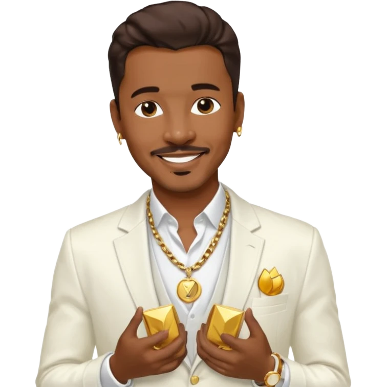 Ralph Tresvant with dark brown hair, white suit jacket, shirtless with necklace emoji
