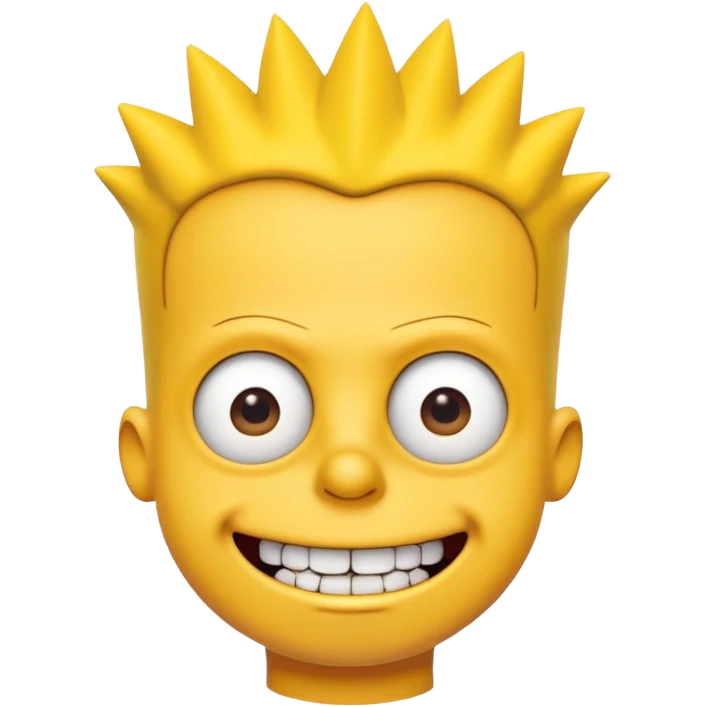 3D emoji head-only, smooth plastic, soft studio light, big round eyes, bold outline, centered, transparent bg,
Bart Simpson, yellow skin, nine short hair spikes, mischievous grin, overbite emoji