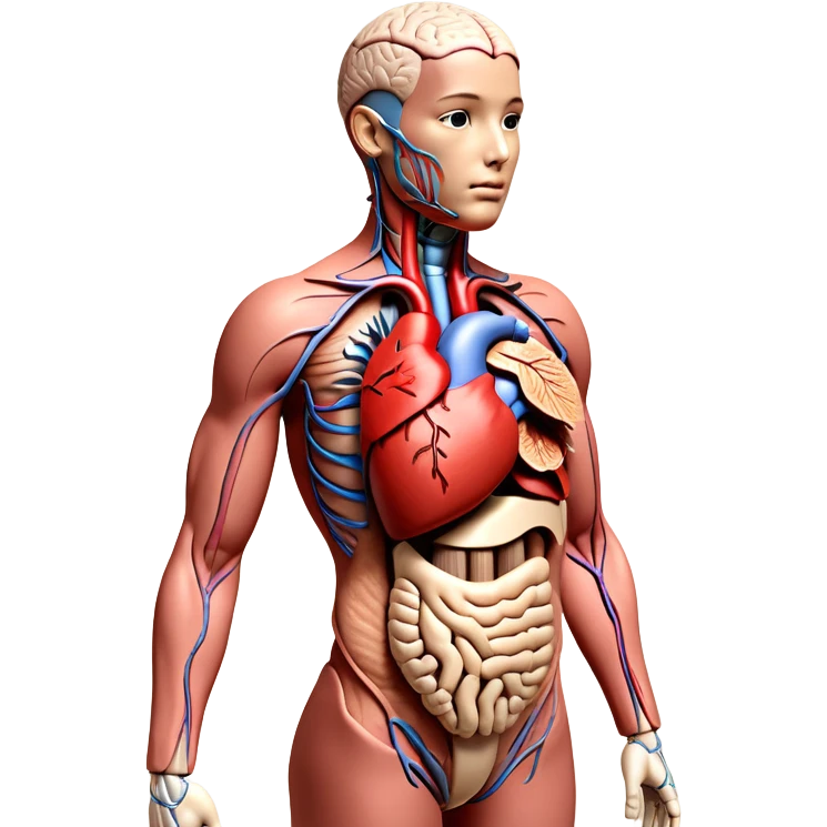 "A highly detailed 3D anatomical model of a full-body human, cutaway view revealing internal organs such as the heart, lungs, liver, stomach, intestines, and brain. One half of the body shows realistic skin, while the other half exposes the internal anatomy. Medical illustration style, realistic lighting, neutral background, hyper-detailed, scientific accuracy, 8K resolution emoji